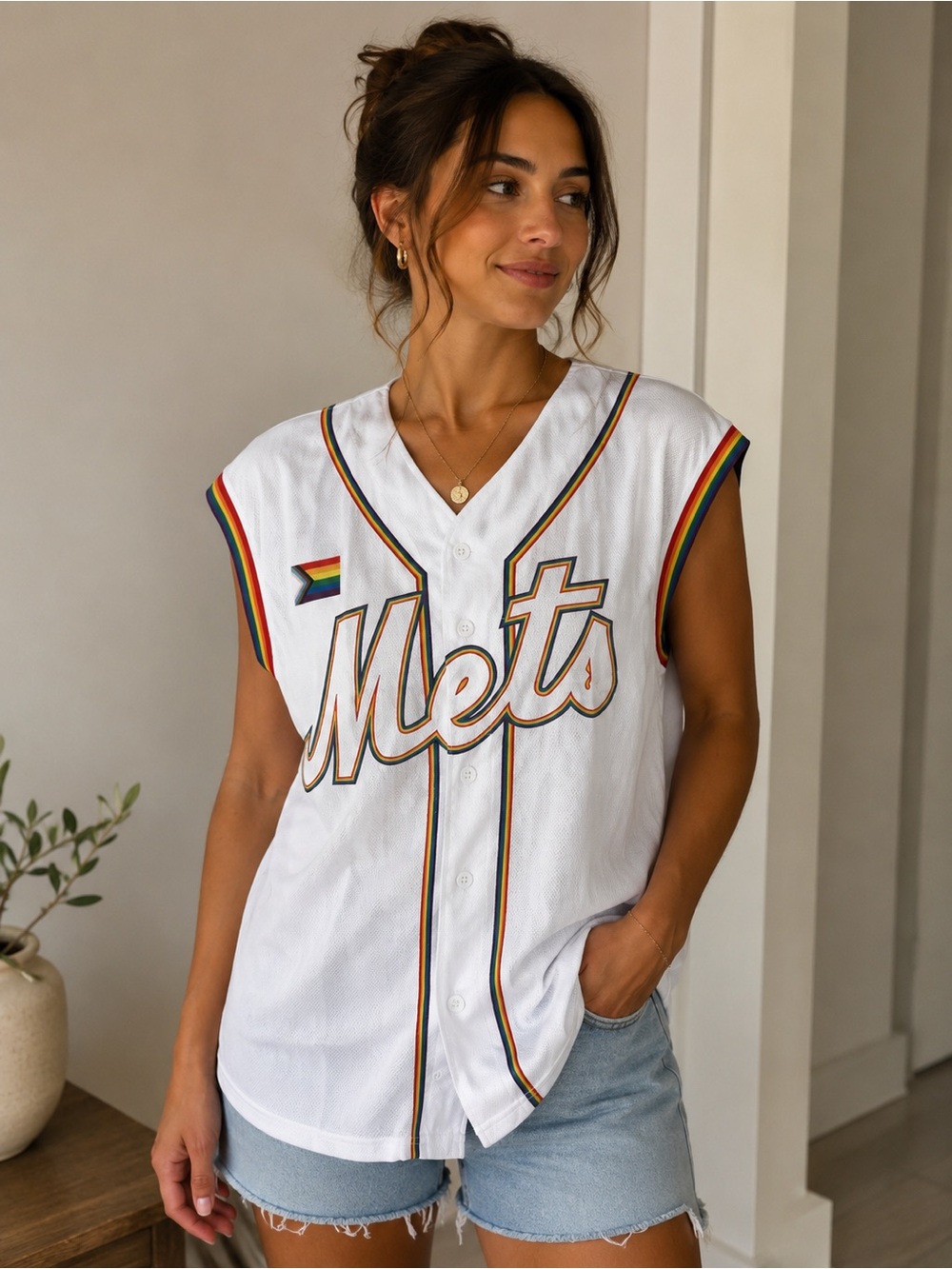Mets Sleeveless Baseball Jersey - White with Rainbow Trim AXL